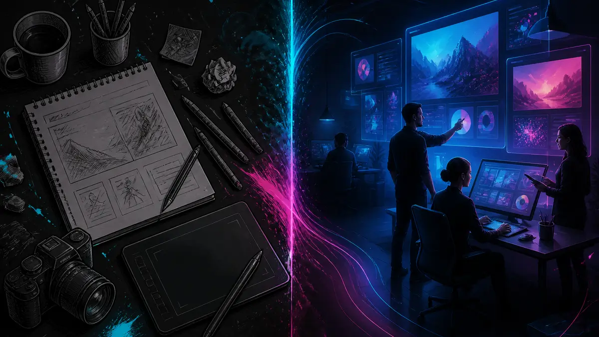 Contraste visual entre trabajo freelance y studio digital colaborativo