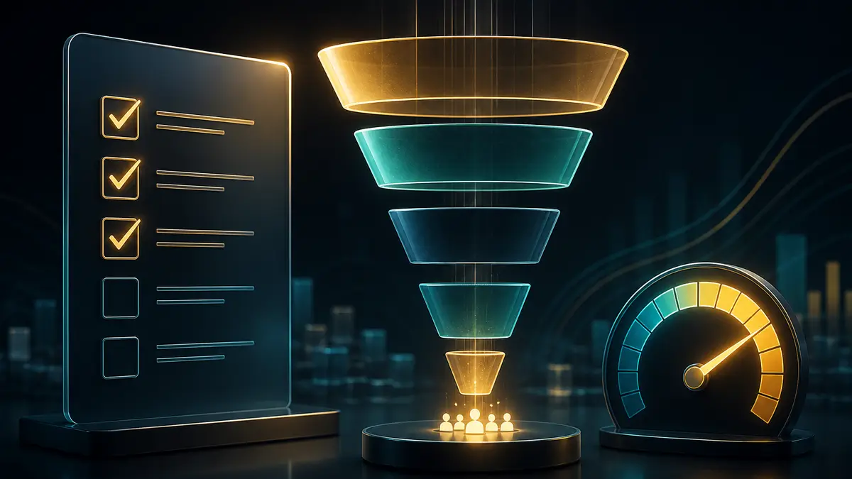 Checklist luminoso y medidor de score de conversión de landing page