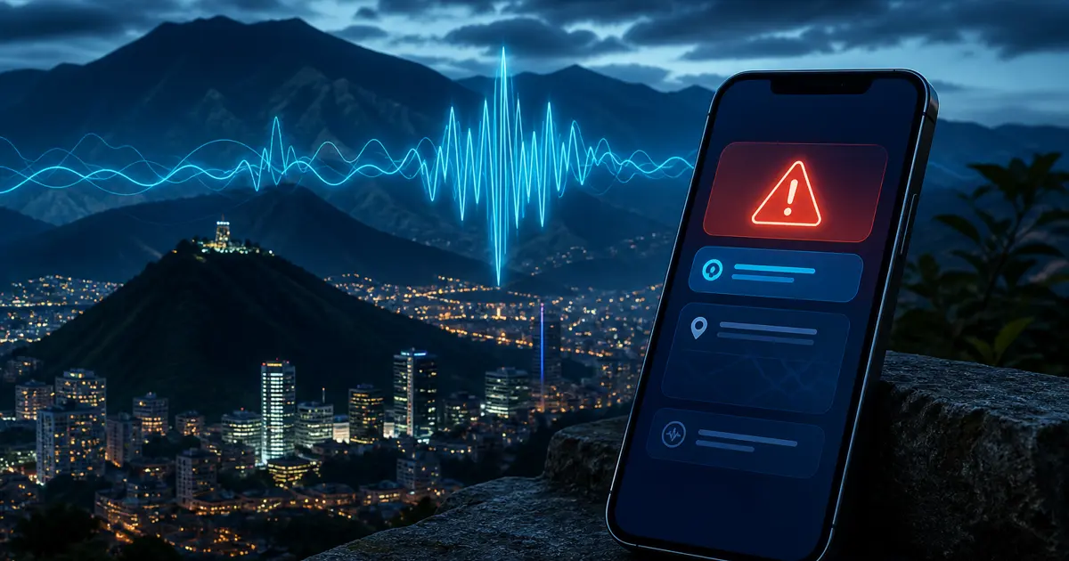 Celular con alerta sísmica sobre un paisaje nocturno en Colombia