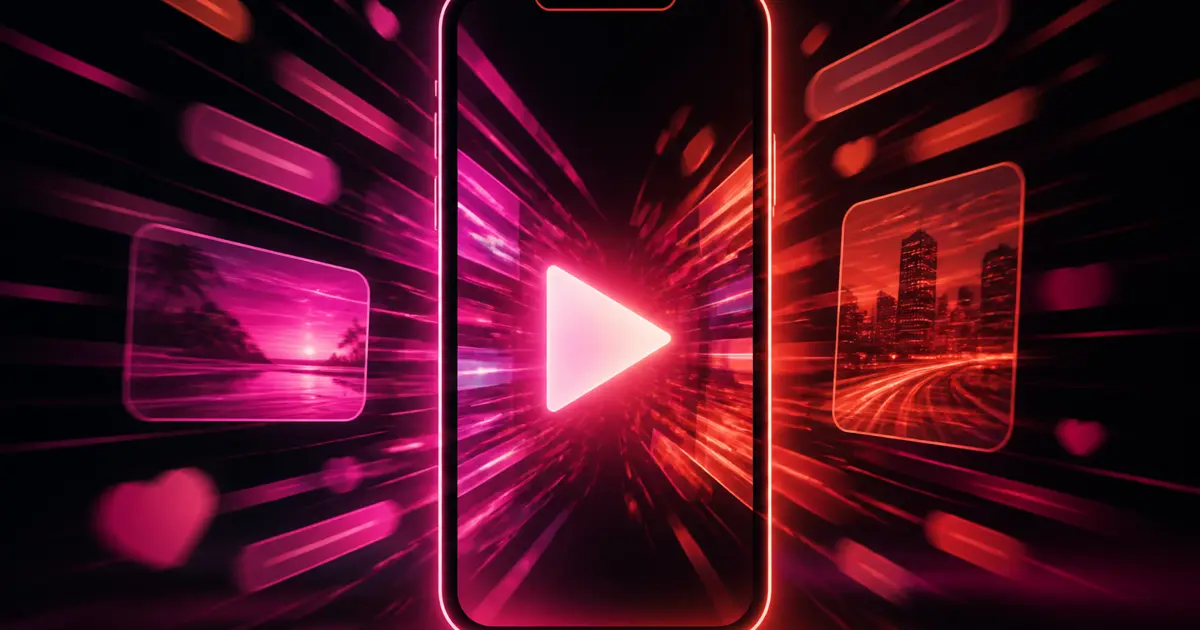 Silueta de teléfono con video corto y estelas de luz magenta